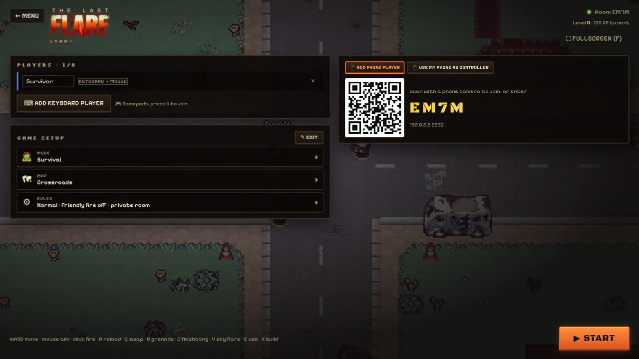 The game lobby on a computer, with a QR code friends scan to join with their phones